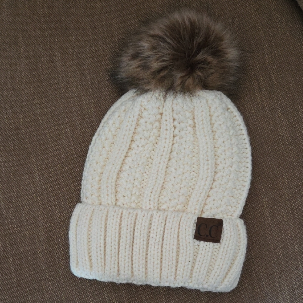 C.C Cream Knit Beanie with Brown Pom-Pom